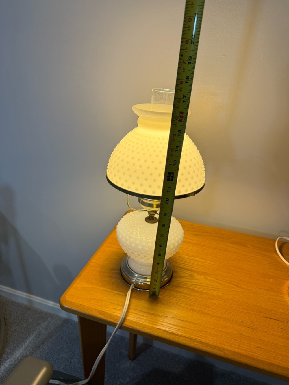VTG White Hobnail Milk Glass Lamp With Brass Trim Globe & Clear Glass Chimney - Picture 3 of 14